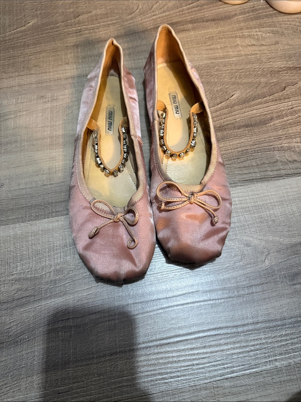 Miu Miu Blush Pink Satin Bow Ballet Flats with Crystal Inset